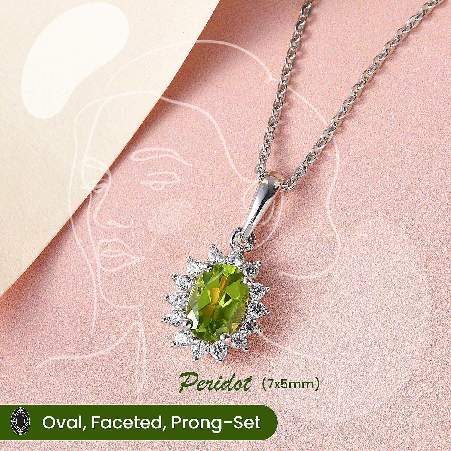 Hebei Peridot and Natural Zircon Halo Pendant with Chain (Size - 20)  in Platinum Overlay Sterling Silver 1.17 Ct.